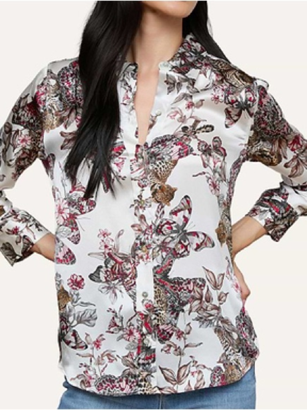 L'AGENCE White Floral Satin Button-Down with Pink and Brown Prints 100% silk